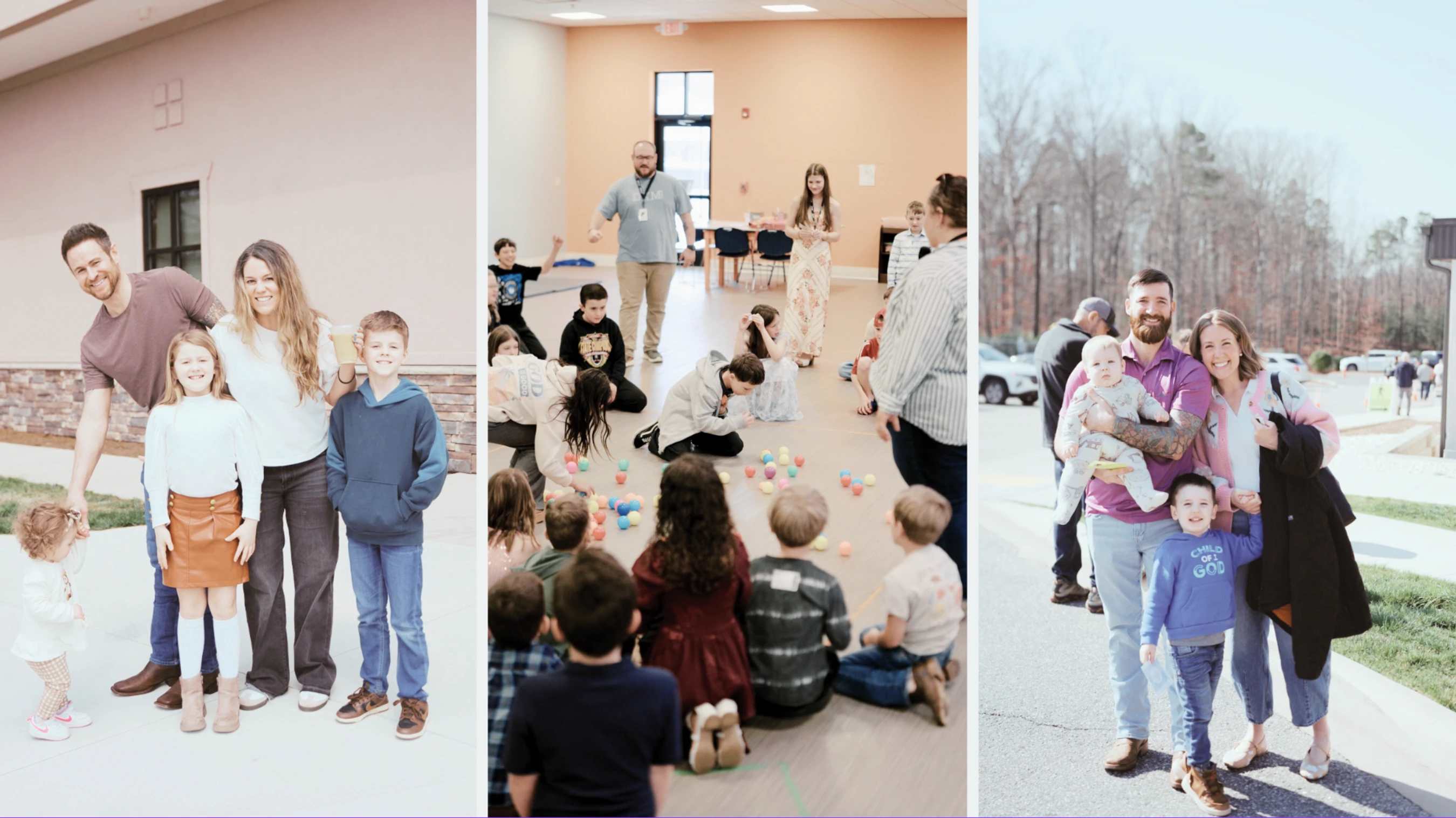 A collage of three photos showing two different families smiling together outdoors, and a group of children playing a game with colorful balls indoors.